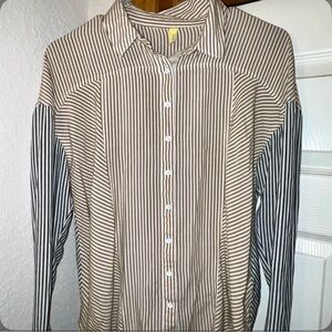 Free People Men's Brown and Black Striped Button Down Shirt